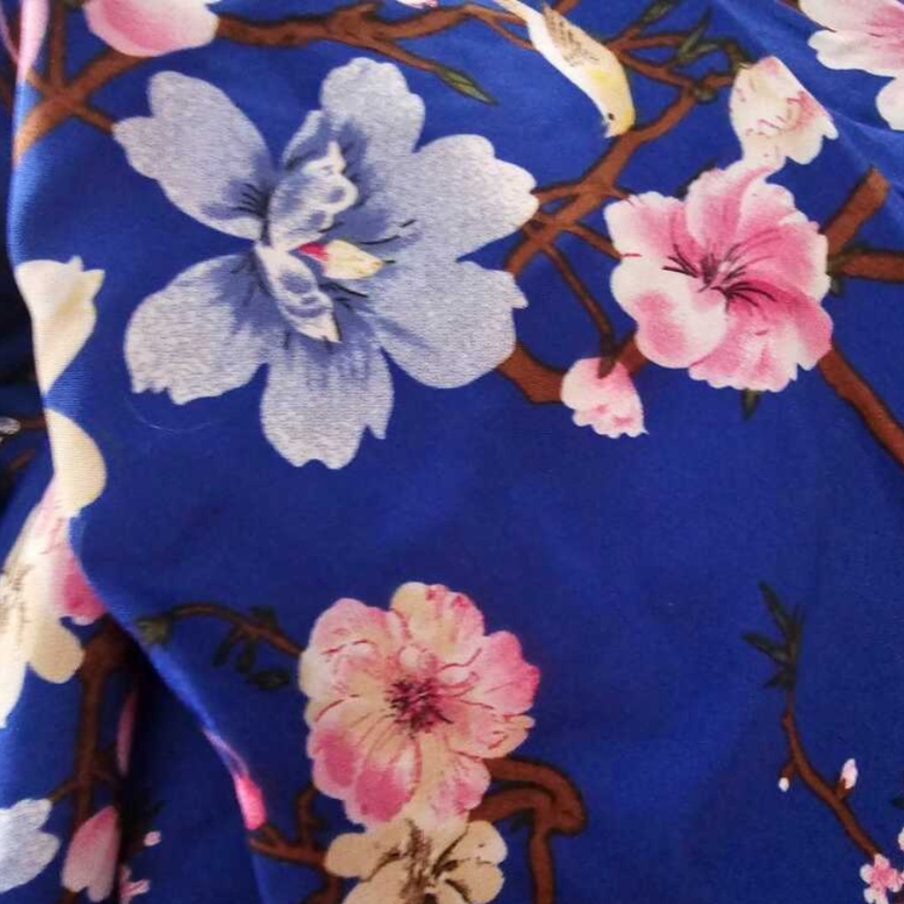 Floral Dress Surplice Overlapping V Neck Fit & Flare Maxi Long Blue Tie Belt - Picture 5 of 7